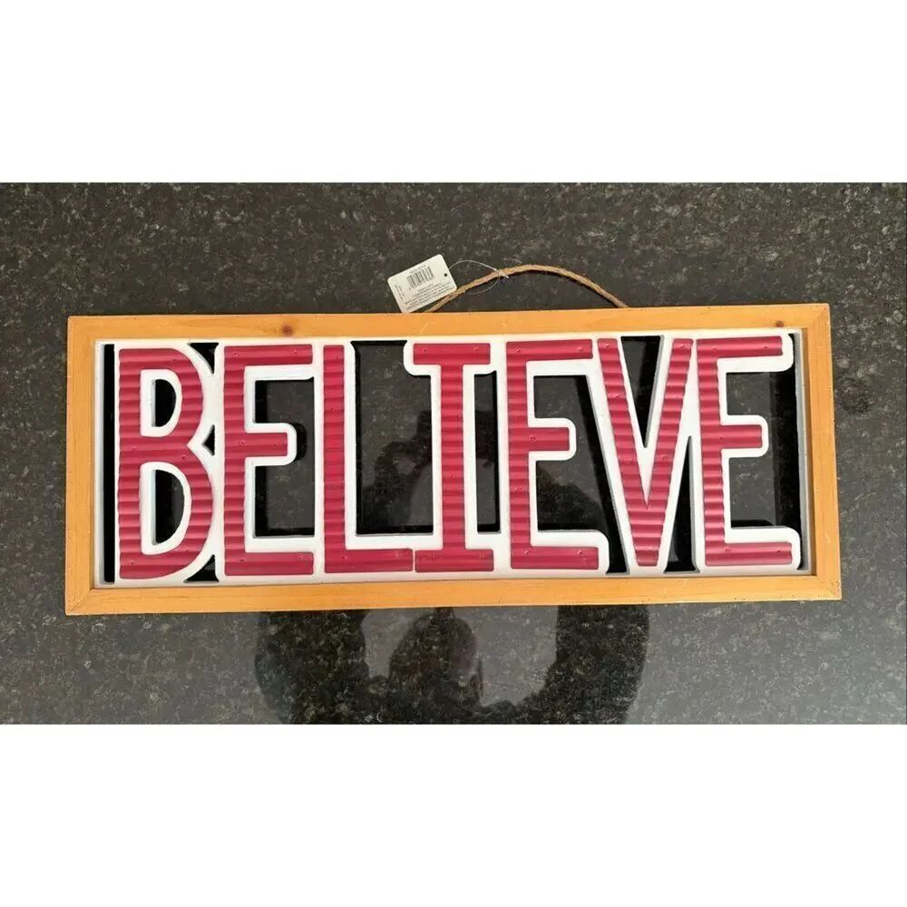 NWT Christmas Believe Wall Decor Sign Wood and Metal 9”x24”